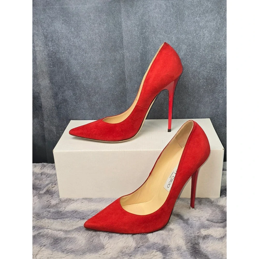 Jimmy‎ Choo Anouk Pumps Red Suede Pointed Toe Stiletto Heels SZ 38 / US 8